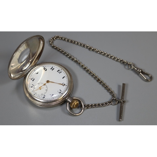 281 - Continental silver half hunter keyless lever pocket watch with Arabic face having seconds dial and c... 