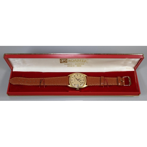 283 - Gentleman's 'Roamer Searock' automatic gold plated wristwatch, with leather strap in appearing origi... 