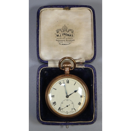 284 - Gold plated keyless lever open faced pocket watch with Roman face and seconds dial.  Within W J Thom... 