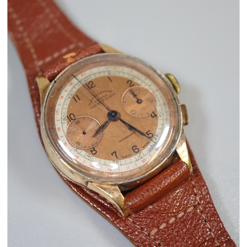 286 - Vintage Swiss made gold plated gent's chronographe wristwatch, unnamed, on leather strap.   (B.P. 21... 