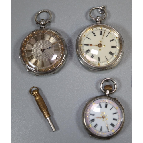 288 - Three silver fancy fob watches, one keyless.  Each with Roman faces.  (3)  (B.P. 21% + VAT)