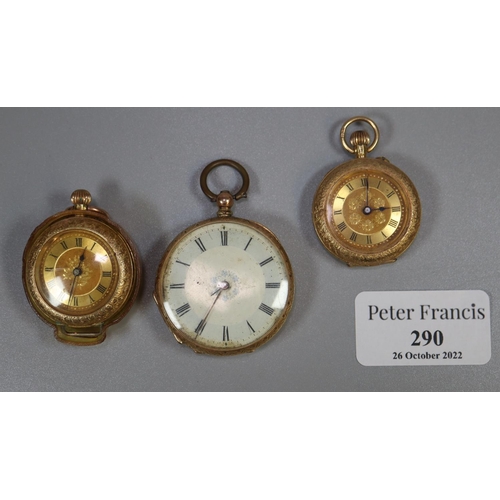 290 - Small 18ct gold outer cased engine turned fancy key less fob watch, another similar with 18ct gold o... 