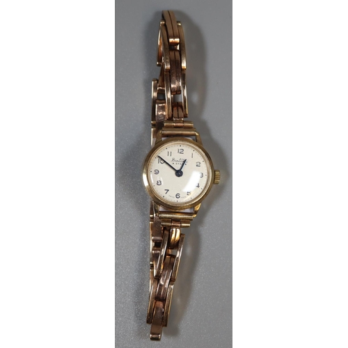 295 - 9ct gold Bentima ladies wristwatch with 9ct gold bracelet.  16g approx.  (B.P. 21% + VAT)