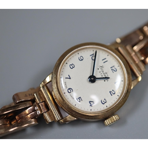 295 - 9ct gold Bentima ladies wristwatch with 9ct gold bracelet.  16g approx.  (B.P. 21% + VAT)