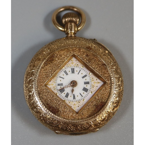 296 - 14ct gold engraved fancy keyless fob watch with Roman ceramic face.  22g approx.  (B.P. 21% + VAT)