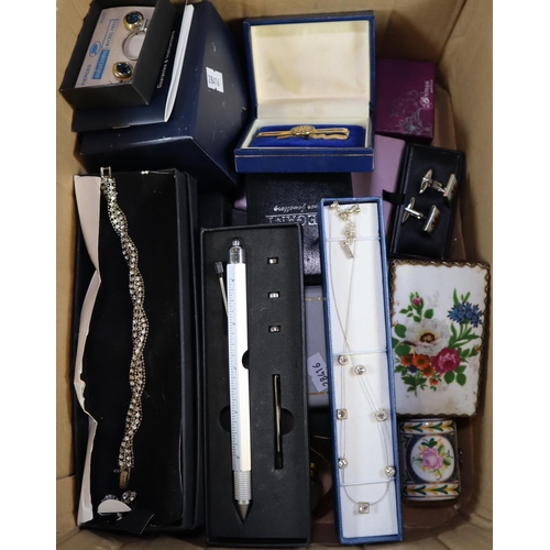 304 - Box of oddments, to include: costume jewellery, Ben Sherman gents watch in original box, ceramic pil... 