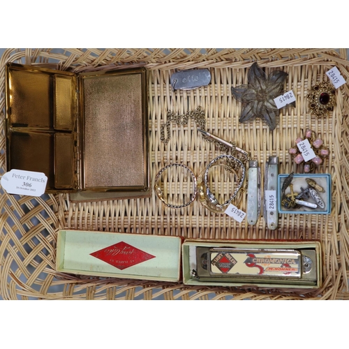 306 - Wicker basket of various items, to include; mother of pearl silver fruit knives including miniature ... 