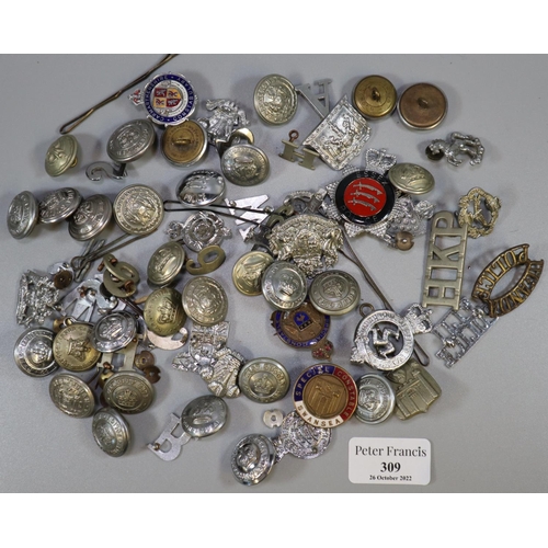 309 - Bag of mainly military and police buttons and cap badges, various.  (B.P. 21% + VAT)