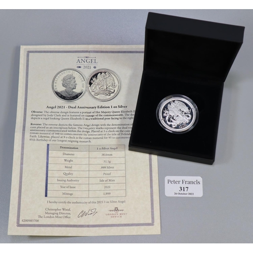 317 - An Angel 2021 Dual Anniversary Edition 1oz silver proof coin in original box and packaging with COA.... 