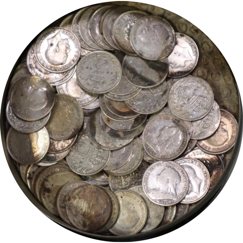 318 - 90+ silver threepenny pieces.  (B.P. 21% + VAT)