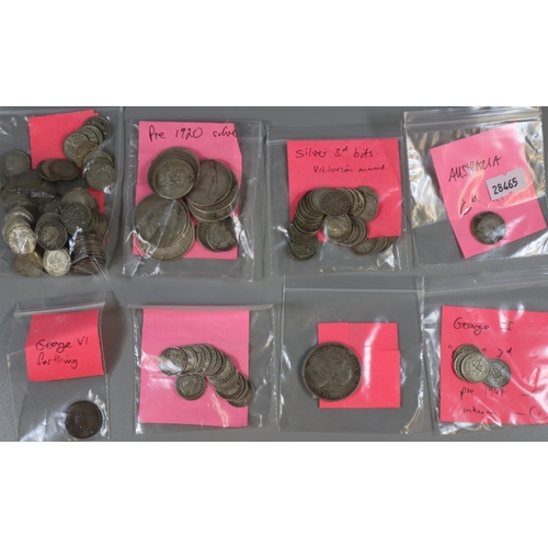 327 - Quantity of silver threepenny pieces an other pre 1920 silver coins, various, with odd foreign coins... 