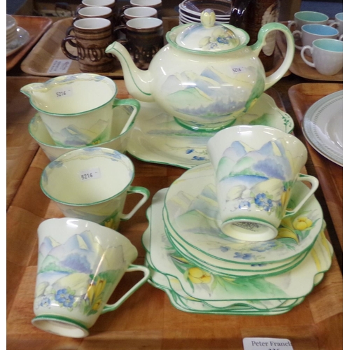 336 - 17 piece Alfred B Pearce & Co cream and green mountain landscape and floral design teaset including ... 