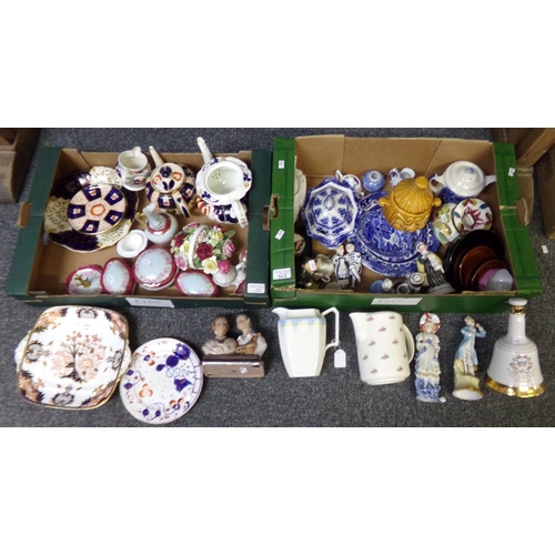 343 - Two boxes of china to include: Gaudy Welsh teapot, small jug and plates, Sudlows Imari design teapot... 