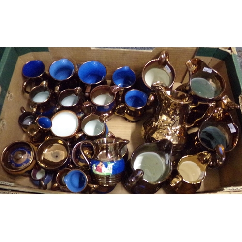 353 - Box of assorted copper lustre items, mostly dresser jugs in various sizes, pedestal pots, conserve j... 