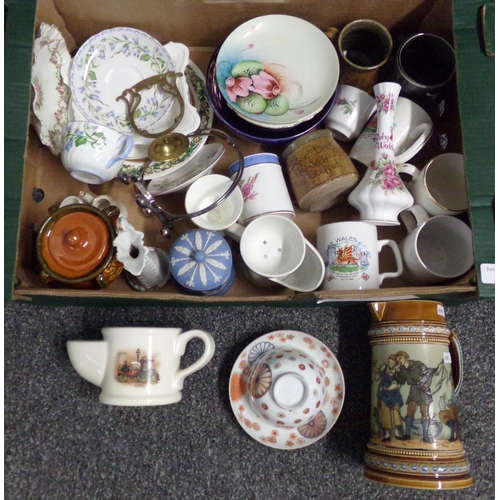 354 - Tray of assorted china to include: German Mettlach beer stein, Japanese chrysanthemum design rice bo... 