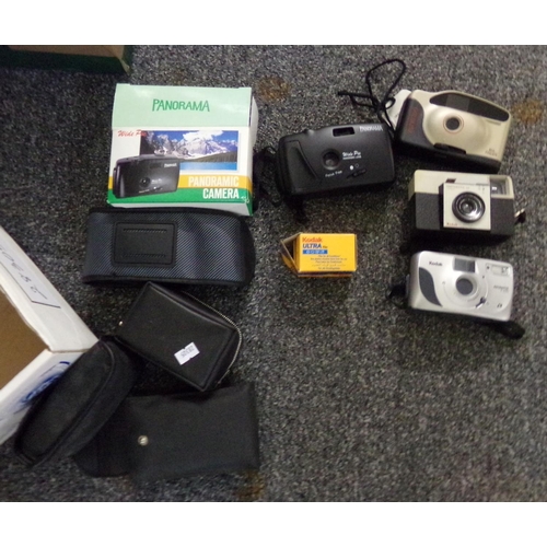 358 - Box of cameras and camera equipment to include: various cases, Panorama Wide pic x 2 (one in origina... 