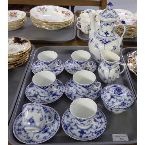 363 - 15 piece Royal Copenhagen blue fluted full lace design coffee set including coffee pot. Printed and ...