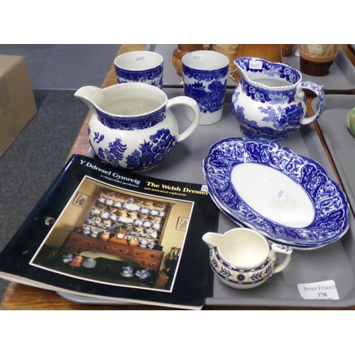 370 - Tray of mostly blue and white china to include: willow design jug and two cups, Adams 'Cattle Scener... 