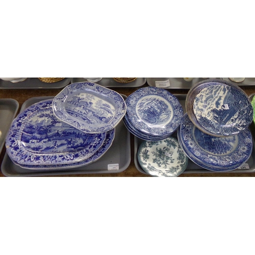 379 - Two trays of blue and white china plates to include: Staffordshire ironstone 'Liberty Blue' design i... 