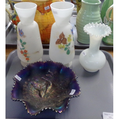 382 - Tray of glassware to include: a peacock relief design lustre bowl, two frosted glass painted floral ... 