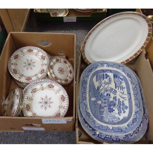 387 - Two boxes of china to include: willow design meat plates and a Losol ware Keeling & Co Ltd oval meat... 