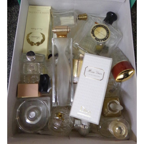 388 - Box of assorted perfume bottles (empty), vintage and modern to include: 'violet oil for the hair' Bu... 