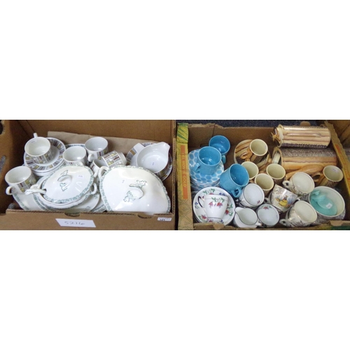 389 - Two boxes of china to include: English Bell china Shaw & Coggins fuschia design teaware, Royal Harve... 