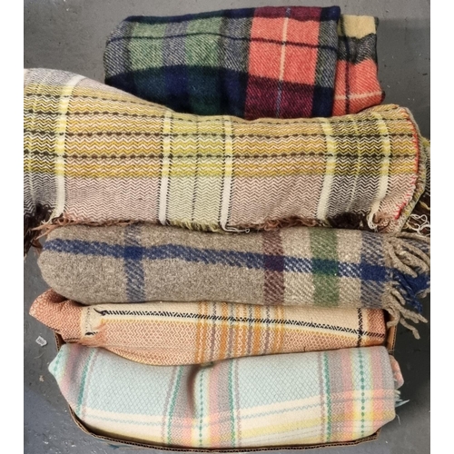 453 - A box of vintage woollen check blankets and carthen of various colourways: one with a 'Kayso' label.... 