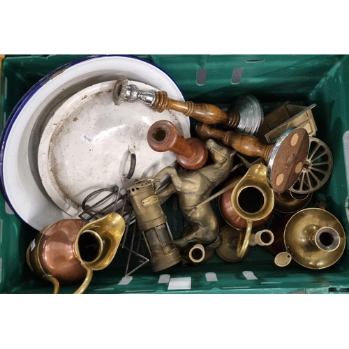 455 - Box of metal ware and other items, to include: brass candlesticks, copper and brass jugs, wooden and... 