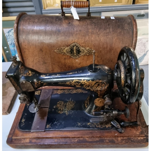 464 - Singer hand sewing machine with bentwood case and instruction leaflet for Nos 127K and 128K.  (B.P. ... 