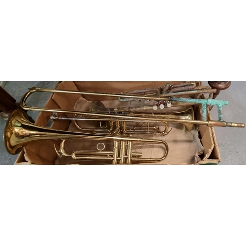 469 - Box comprising brass trumpets, to include: 'Boosey & Hawkes 400' and two others.  (B.P. 21% + VAT)