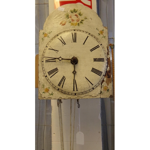 487 - 19th century painted cottage faced wall clock with Roman numerals and floral sprays with various wei... 