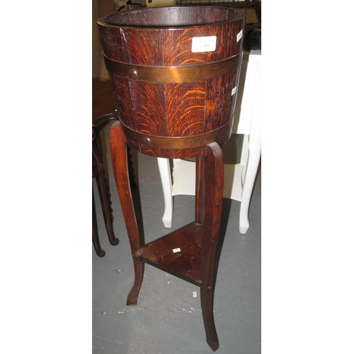 511 - Early 20th century oak coopered copper banded jardinière on stand.  (B.P. 21% + VAT)