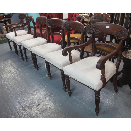 514 - Set of six mahogany Regency curve and bar back dining chairs with stuff over seats.  (4+2)  (6)  (B.... 