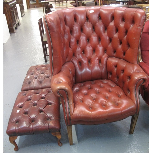 517 - Leather Chesterfield design button and barrel back hall porters chair, together with two similar Che...