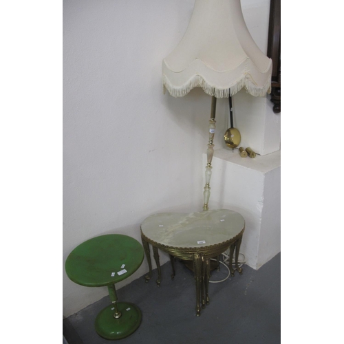 523 - Collection of mid century onyx and brass furnishing items, to include: pedestal wine table of circul... 