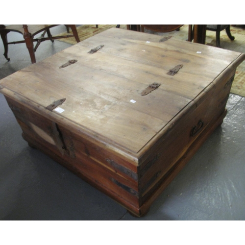 530 - Modern, probably Mexican pine, coffee table with hinged lid and iron mounts.  (B.P. 21% + VAT)