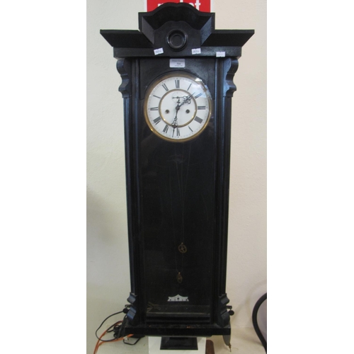 544 - Early 20th century ebonised two train Vienna type wall clock with key, pendulum and two weights.  (B... 