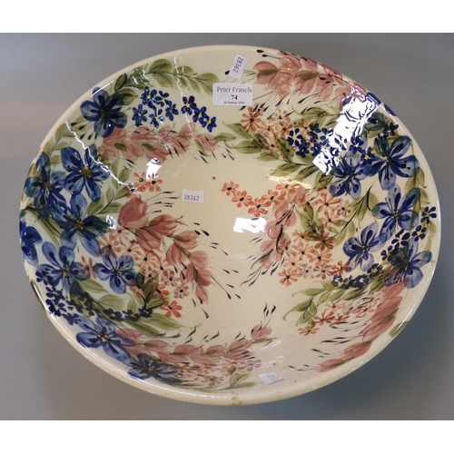 74 - Gwili art pottery hand painted floral bowl. 33cm diameter approx.
(B.P. 21% + VAT)