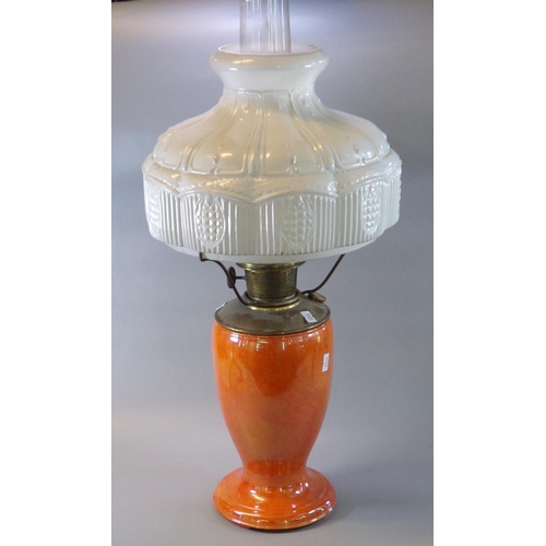 80 - Early 20th Century oil burner lamp having white opaline glass shade above an orange porcelain base. ... 