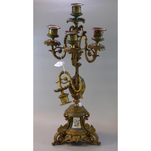 83 - 19th Century French ormolu four section centre table candelabrum with painted porcelain floral panel... 