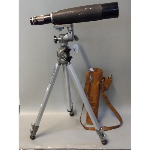 89 - Hertel & Reuss telescope on a Velbon folding tripod stand. The telescope with its original leather c... 