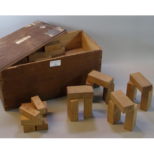 94 - Wooden box comprising child's wooden toy block, appearing to be of Stonehenge, with inscriptions and... 