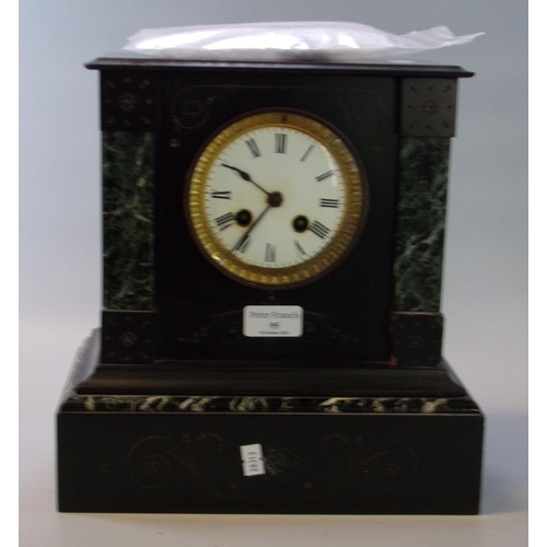 95 - Late 19th/early 20th century black slate and marble two train mantle clock with Roman dial.  30cm hi... 