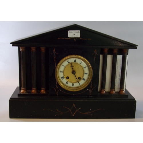 96 - Late 19th/early 20th century black slate architectural mantle clock with brass pillars and Roman cha... 