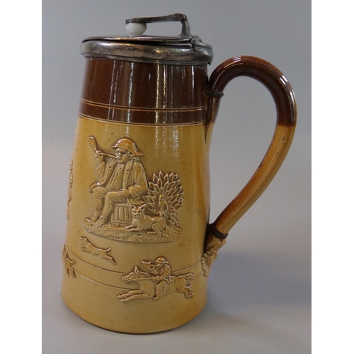 99 - Doulton stoneware topers hot water jug with silver plated lid and mounts, of tapering form.
(B.P. 21... 