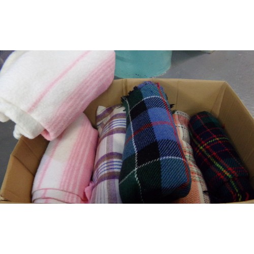 470A - Box of vintage woollen blankets and throws to include: four check in various colours and two cream w... 