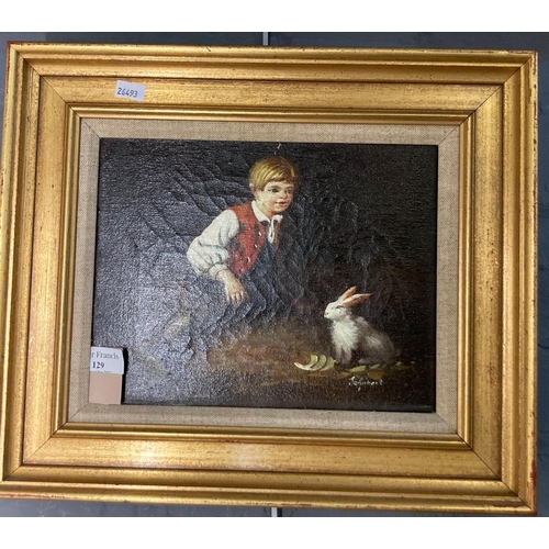 129 - 'Schubert', (German School) little boy with rabbit, signed.  Oils on canvas, 19x24cm approx.  framed... 