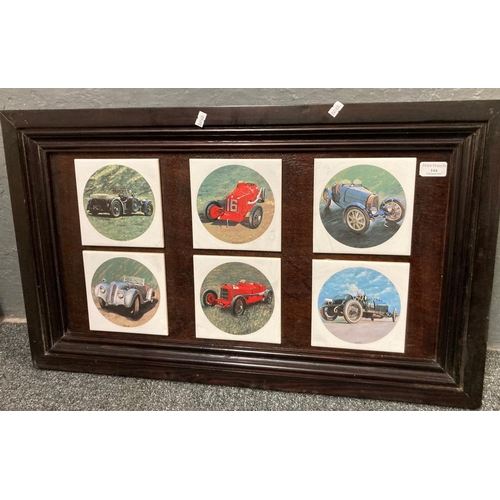 144 - A group of framed tiles, printed with images of famous classic cars, to include: Bugatti, Alfa Romeo... 