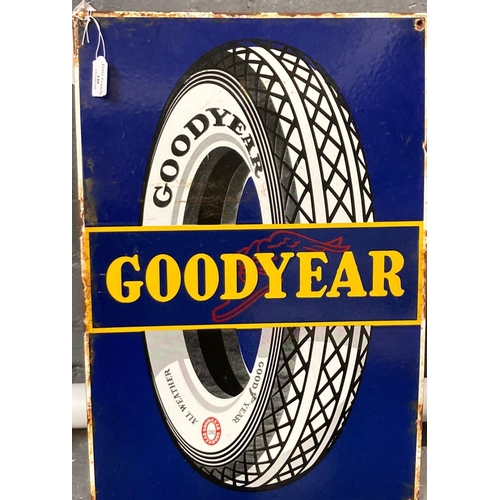 148 - Vintage 'Goodyear' single sided enamelled metal advertising sign. "Goodyear All Weather".61x40 cms a...